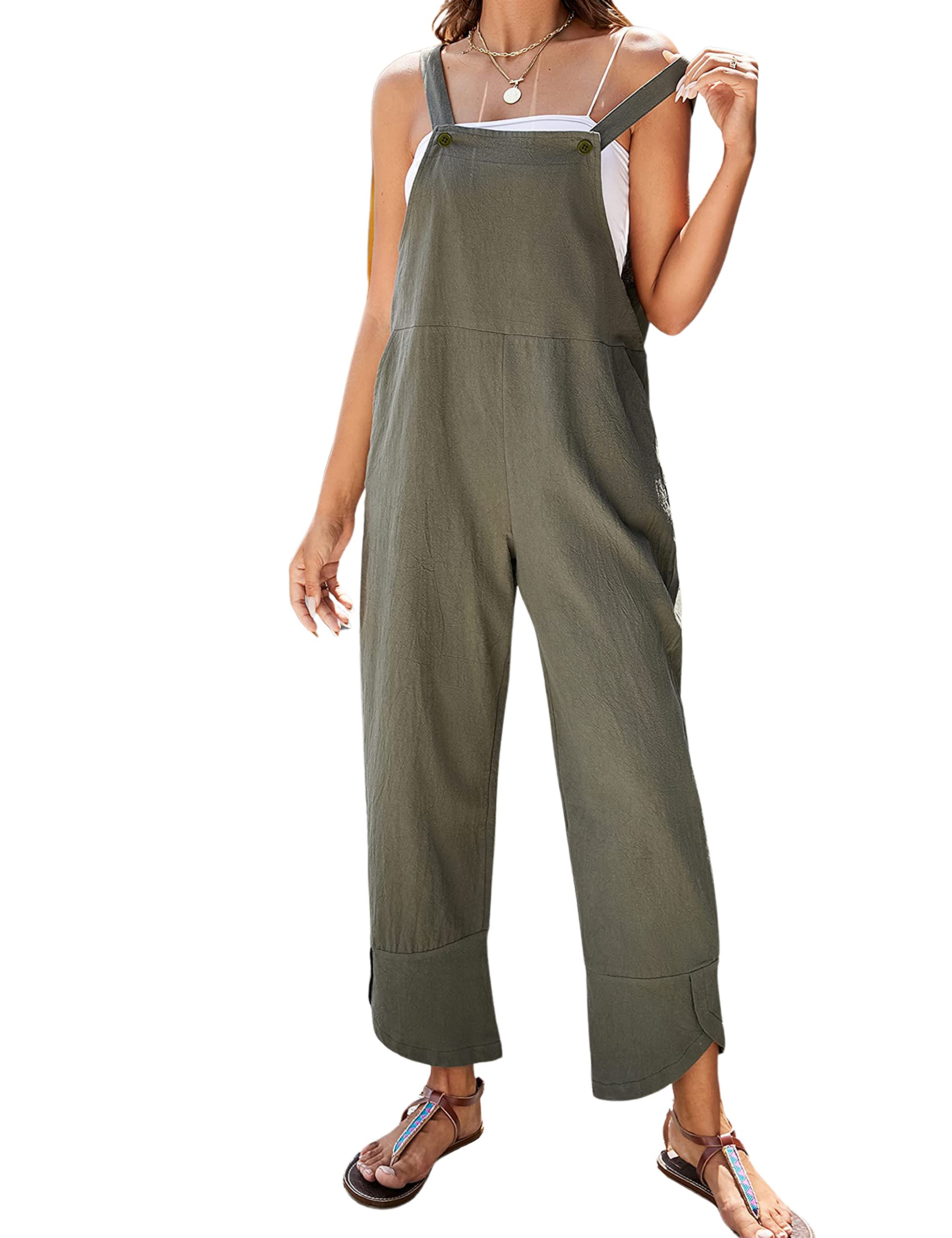 APAFES Women Summer Sleeveless Cotton Linen Bib Overalls Tulip Baggy Capri Jumpsuits with Pockets