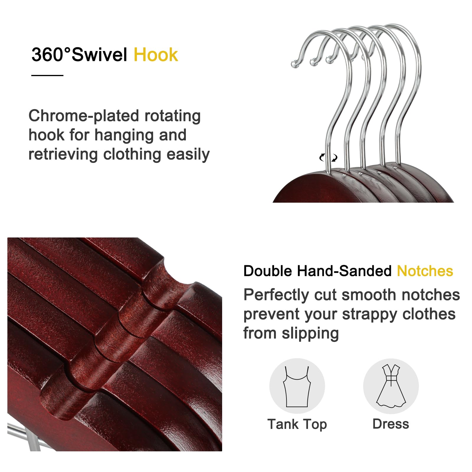 TOPIA HANGER Wooden Suit Hangers with Adjustable Metal Clips (10 Pack), Solid Wood Clothes Hangers, 360° Swivel Hook, Premium Retro Finish Pants Hangers for Clothes Coat, Jeans, Blouse-CT28A