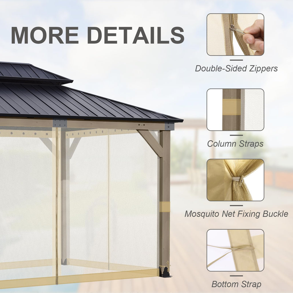 BPS 10' x 10' Gazebo Universal Mosquito Netting Screen Replacement, 4-Panel Mesh Screen Walls with Double Zippers for Outdoor Patio, Khaki (Mosquito Net Only)