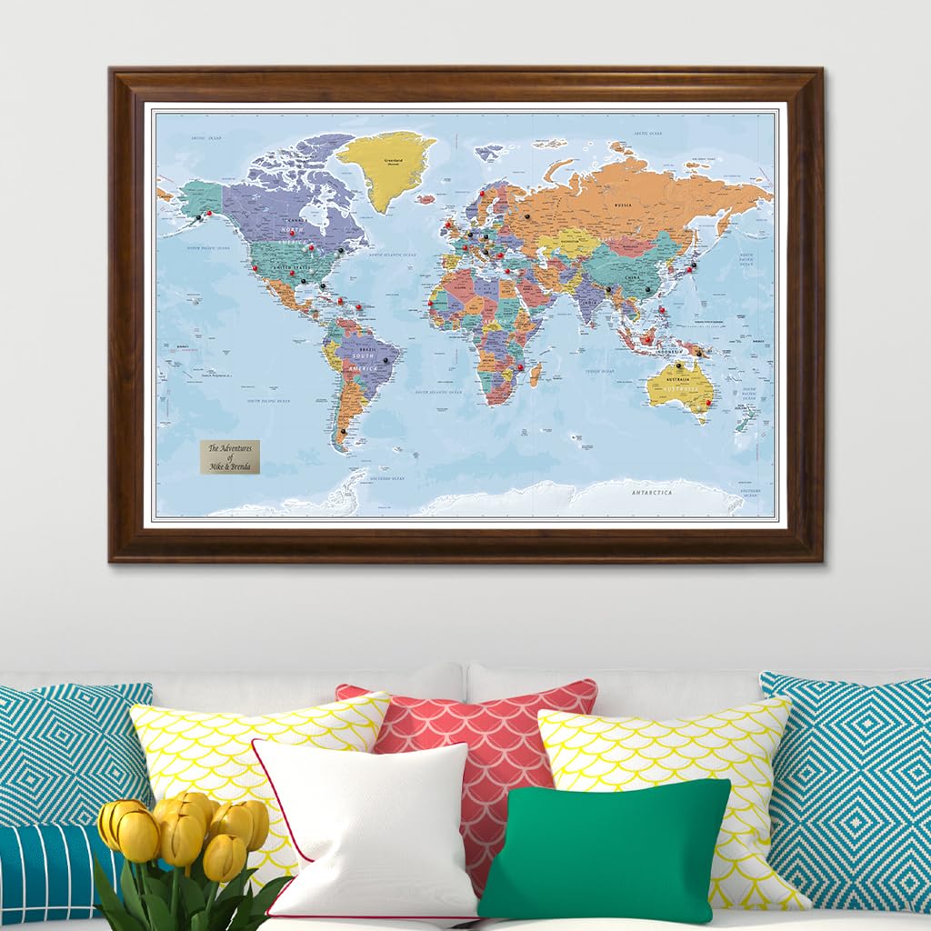 Personalized Canvas Rolled Poster World Map Wall Art with Pins – Large 24" x 36" Blue Oceans Map of the World – Push Pin Travel Decor for Home or Office