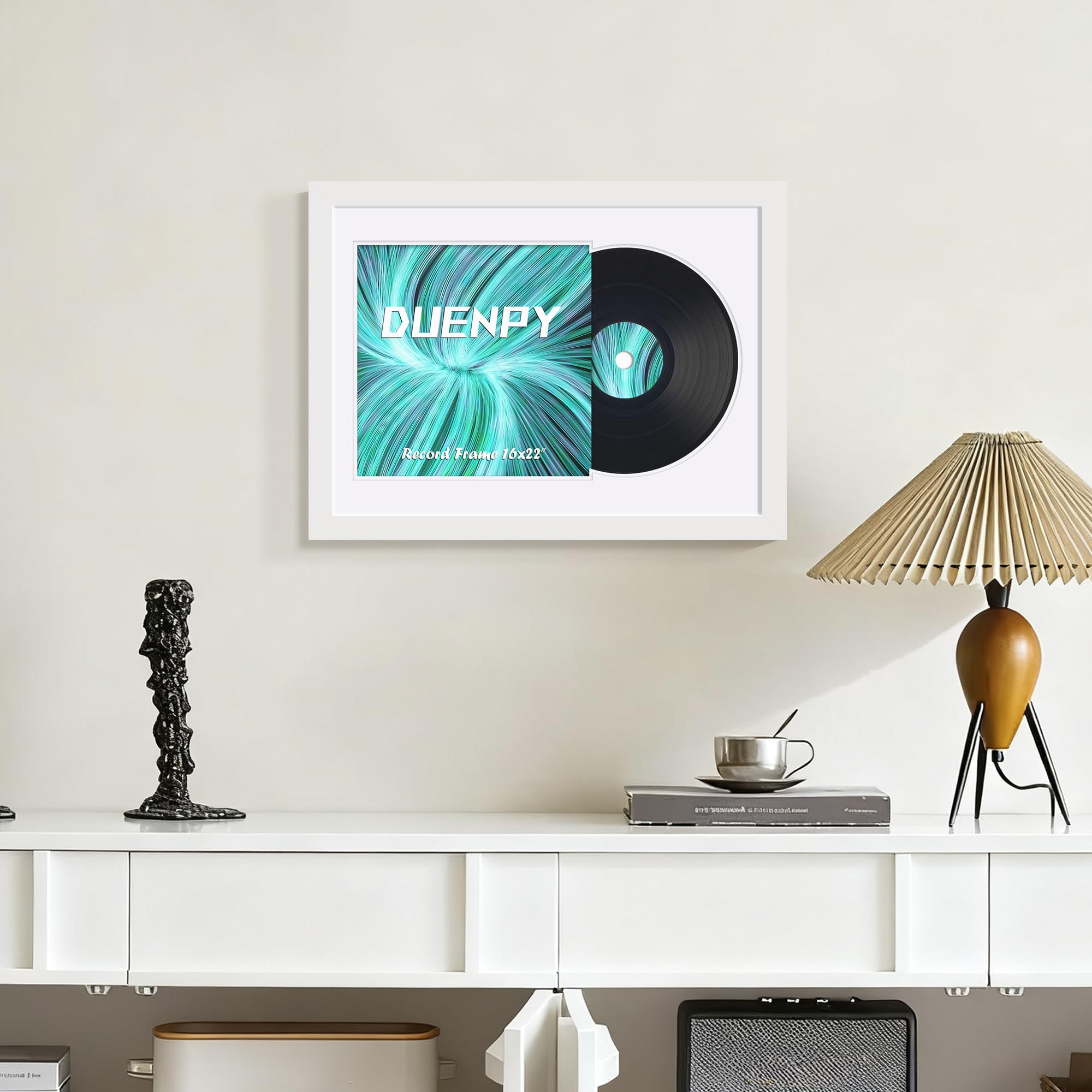 DUENPY Vinyl Record Display Frame 16x22 Inches Display Record Album and 12.5x12.5 Album Cover Art（Black Bottom Mat） Wall Mount
