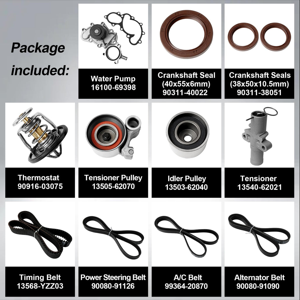 Engine Timing Belt Kit with Water Pump | Compatible With 1987-2001 Toyota Camry Celica RAV4 MR2 Solara 2.0L 2.2L 3SFE 5SFE L4 DOHC 16V | Replaces# TBK138, TCKWP199