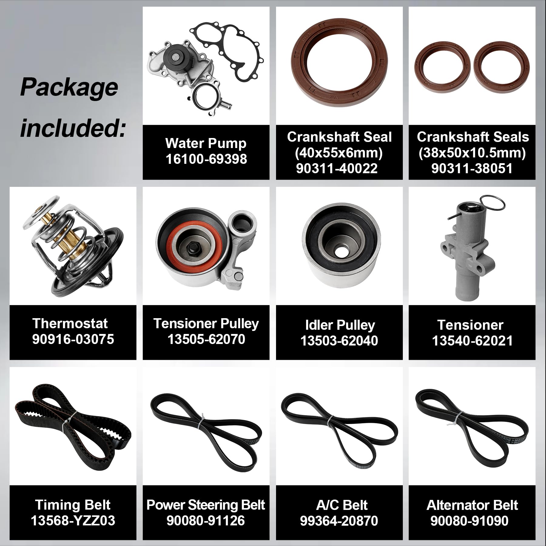 Engine Timing Belt Kit with Water Pump | Compatible With 1987-2001 Toyota Camry Celica RAV4 MR2 Solara 2.0L 2.2L 3SFE 5SFE L4 DOHC 16V | Replaces# TBK138, TCKWP199