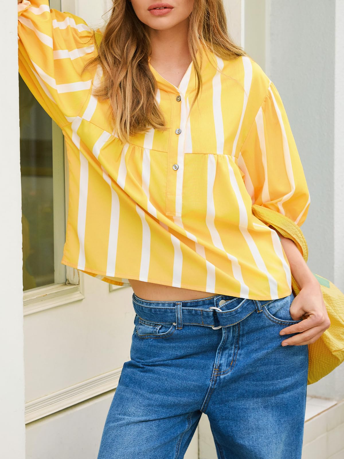 Tankaneo Womens Puff Sleeve Babydoll Tops Summer V Neck Striped Blouse Cute Casual Loose Fit Flowy Shirts