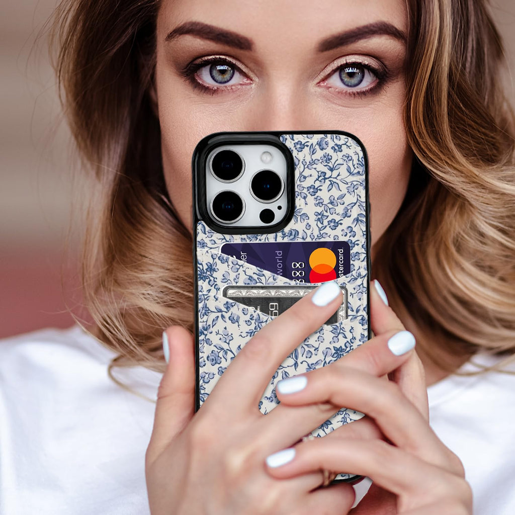 for iPhone 11 6.1 inch Case with Card Holder Soft Leather Wallet Case Protective Shockproof Hard Cover for Women Man (Blue Floral, iPhone 11 6.1 inch)