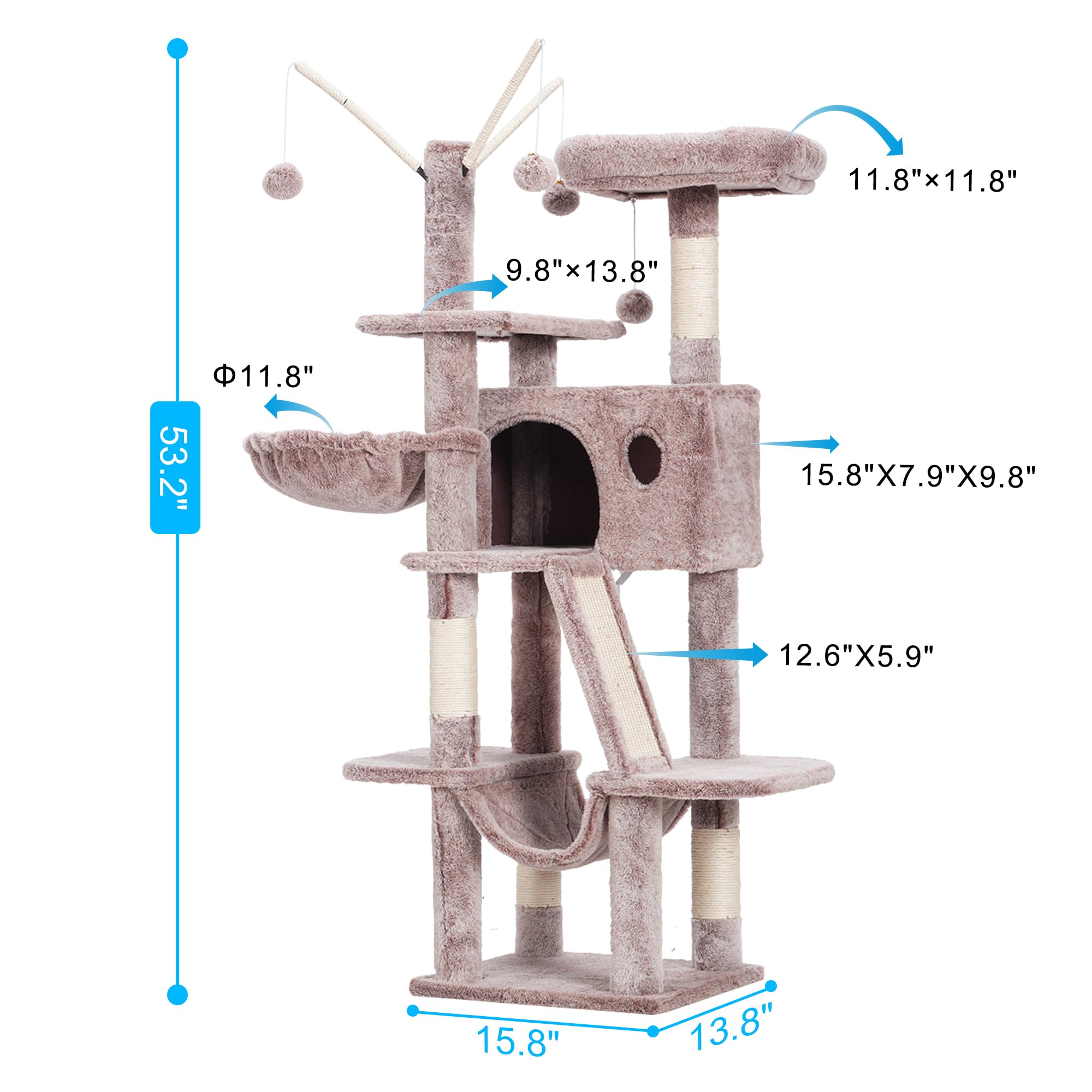 Hey-brother Cat Tree, 53 inch Cat Tower for Indoor Cats, Cat House with Padded Platform Bed, Toy Balls, Large Cozy Condo, Hammocks and Sisal Scratching Posts, Beige MPJ019-SM