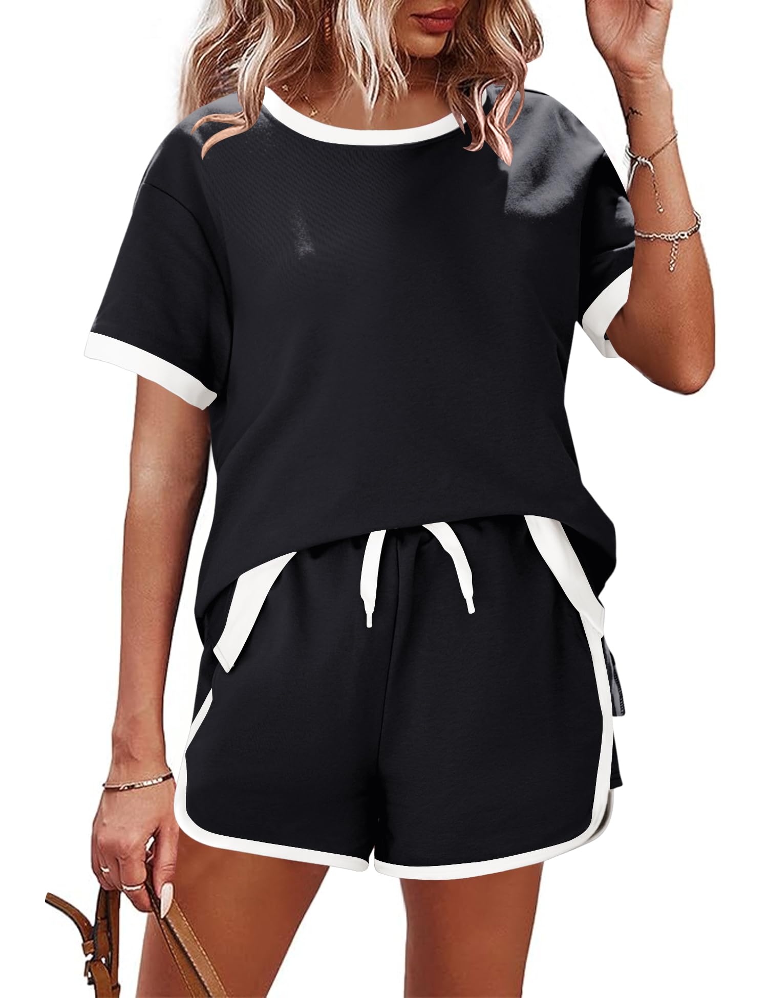 AKEWEI Shorts Sets Women 2 Piece Outfits Casual Short Sleeve Crewneck Tops and Drawstring Shorts Color Block Sets