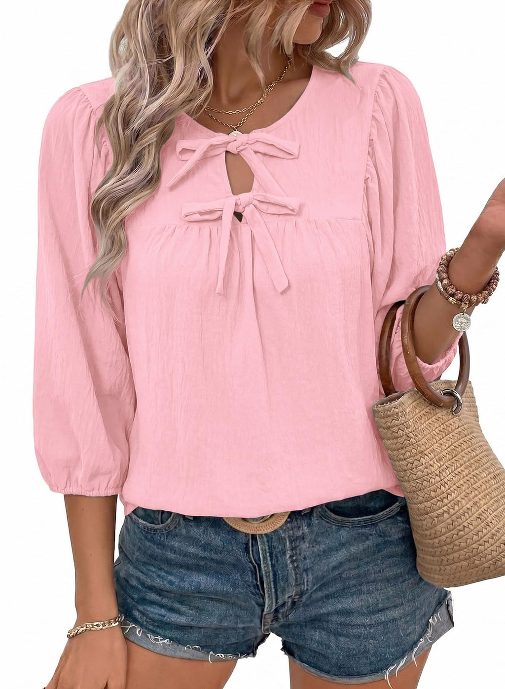 SHEWIN Womens Tops 3/4 Sleeves Blouse Babydoll Dressy Casual Top Elegant Bow Tie Loose Ladies Shirts 2026