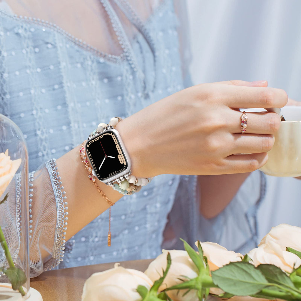 VISOOM Beaded Boho Bracelet Compatible for Apple Watch Band 40mm/38mm/41mm/42mm Series 11 10 9 8 7 SE Series 6/5/4 Women Fashion Cute Handmade Crystal Beads Stretchy Watch Strap for iWatch Bands 3/2/1