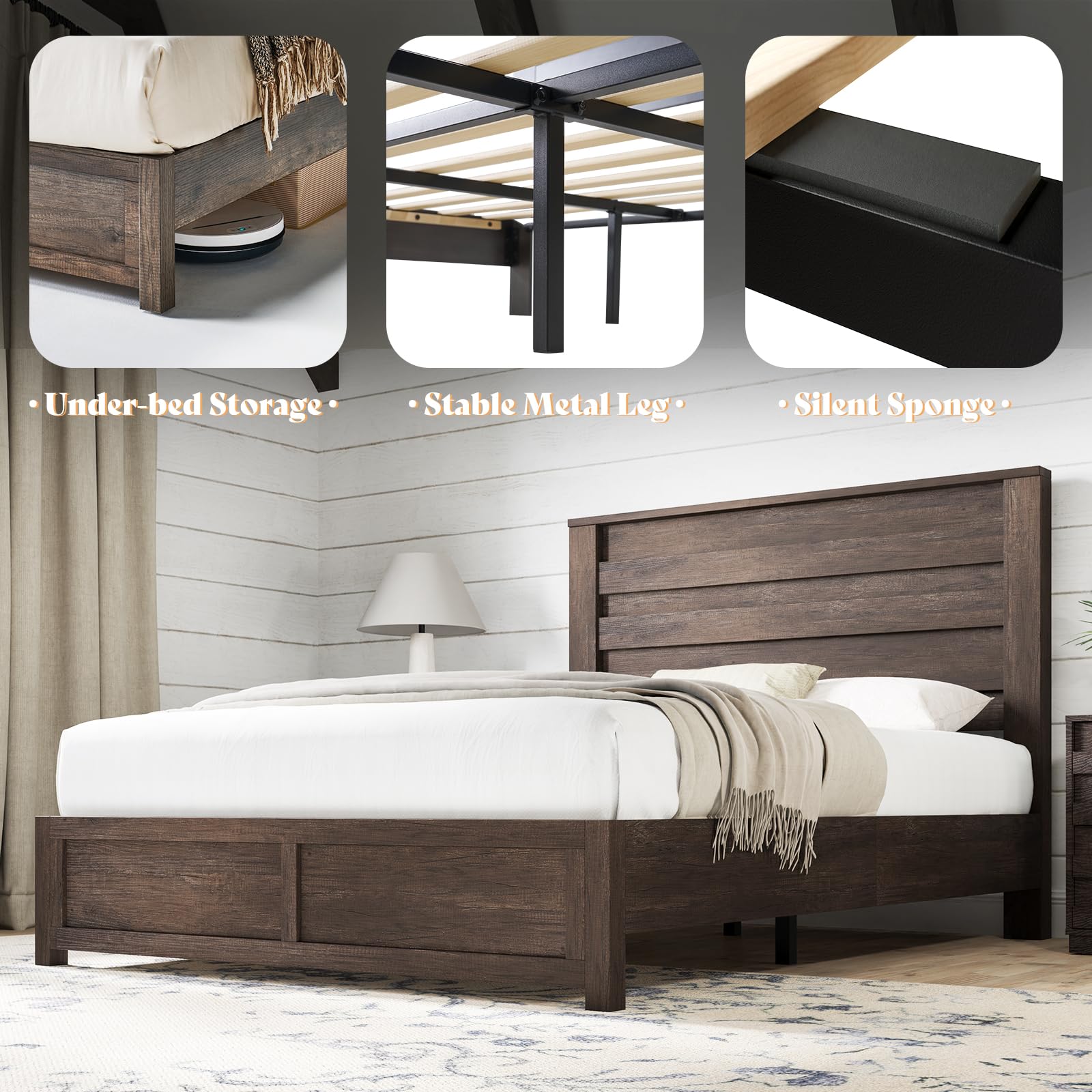 AMERLIFE Farmhouse Full Size Bed Frame with 49" Fluted Headboard, Wood Platform Bed with Natural Grain, No Box Spring Needed/Noise Free, Black