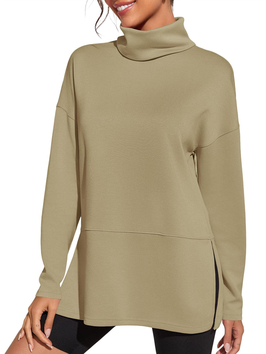 Fisoew Women's Turtleneck Oversized Sweatshirt Casual Long Sleeve Loose Side Slit Pullovers Tunic Tops