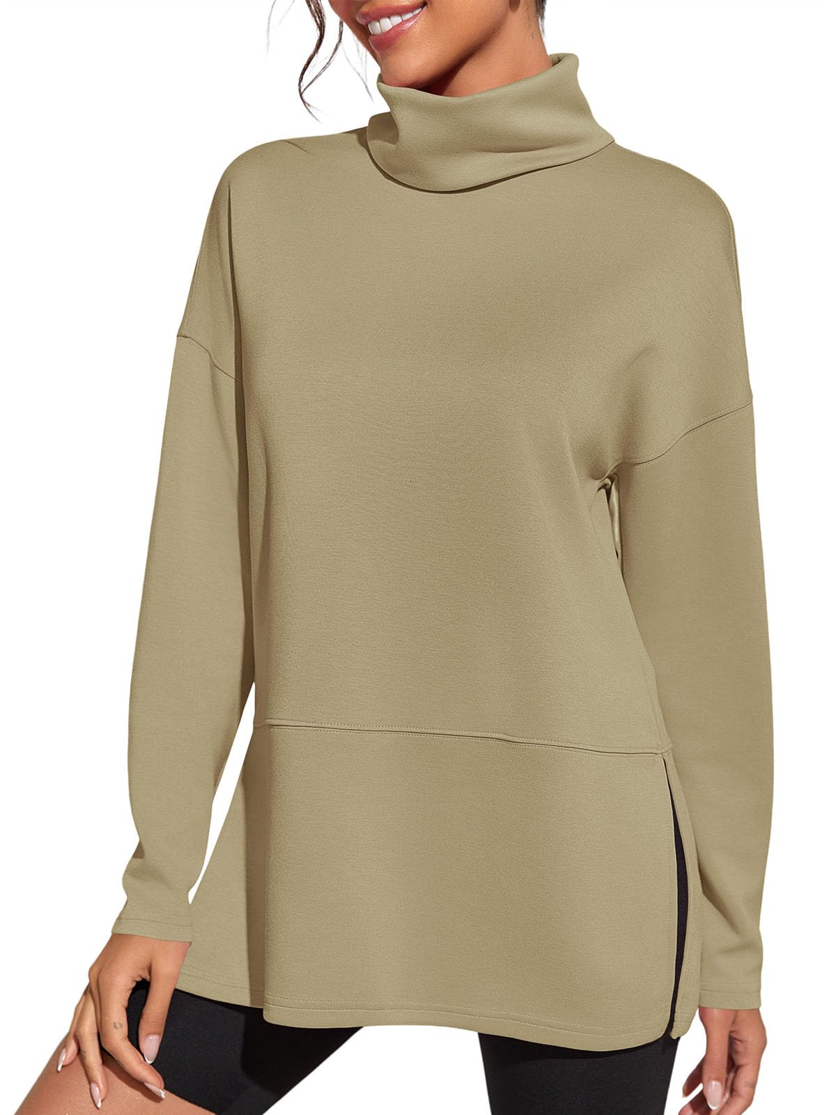 Fisoew Women's Turtleneck Oversized Sweatshirt Casual Long Sleeve Loose Side Slit Pullovers Tunic Tops