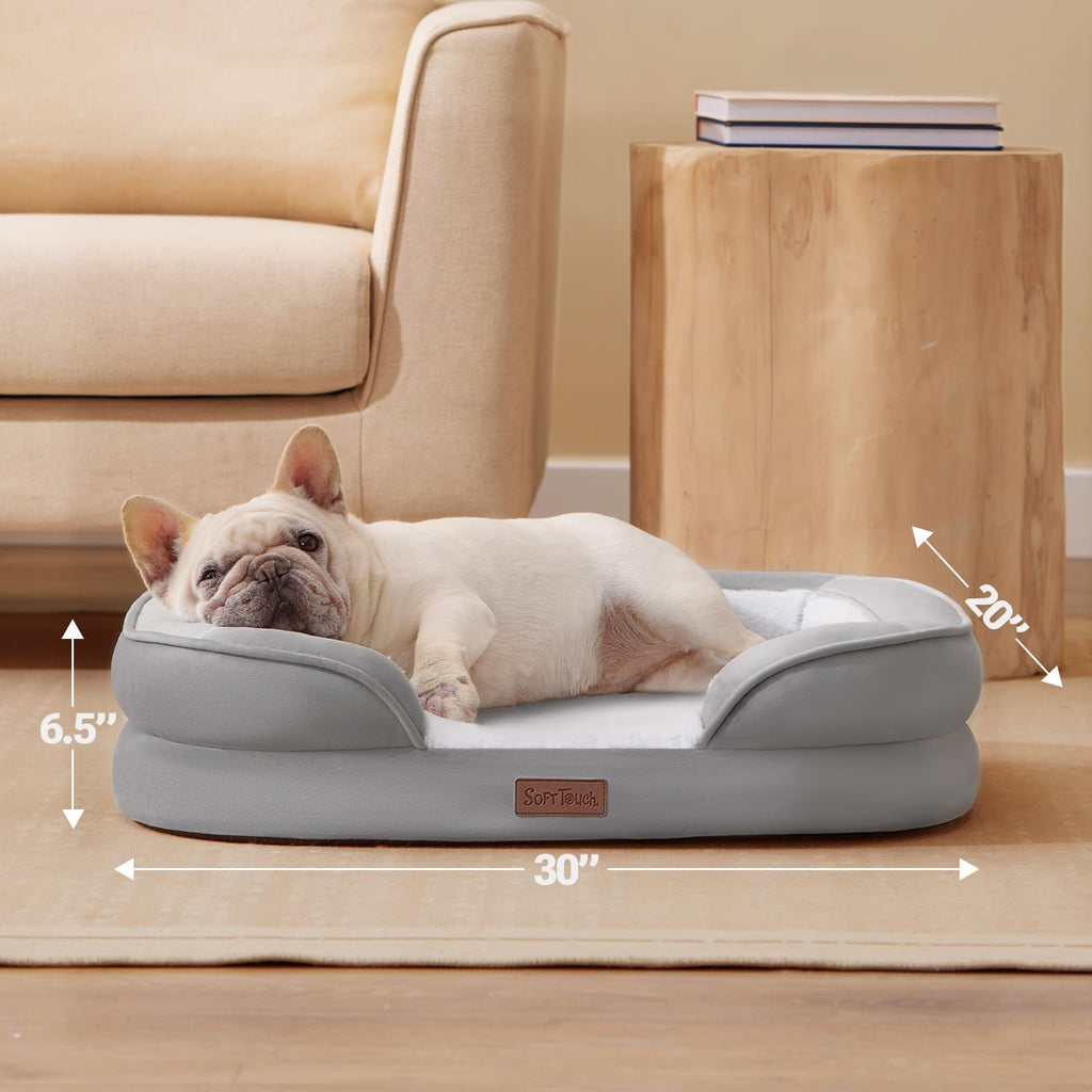 Soft Touch Orthopedic Dog Bed for Large Dogs with Faux Fur Top, Waterproof Pet Couch Bed with Removable Washable Cover and Supportive Foam Filling (Grey, Large)