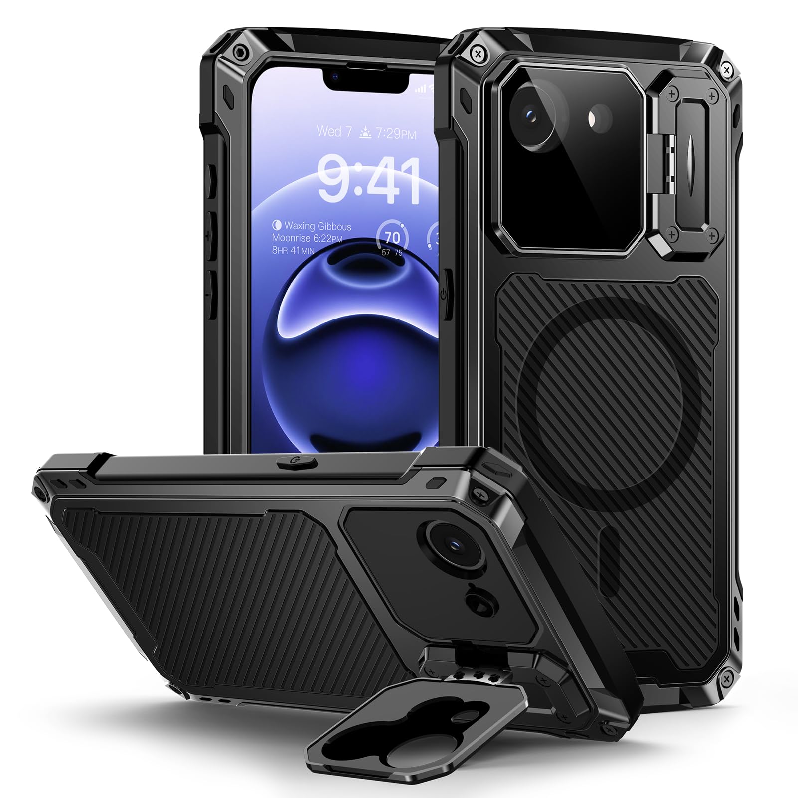 Lanhiem for iPhone 16 Metal Case with Camera Cover & Stand [Compatible with MagSafe] [Built-in Kickstand] [Military-Grade Protection] Heavy Duty Rugged Magnetic Phone Case, Black