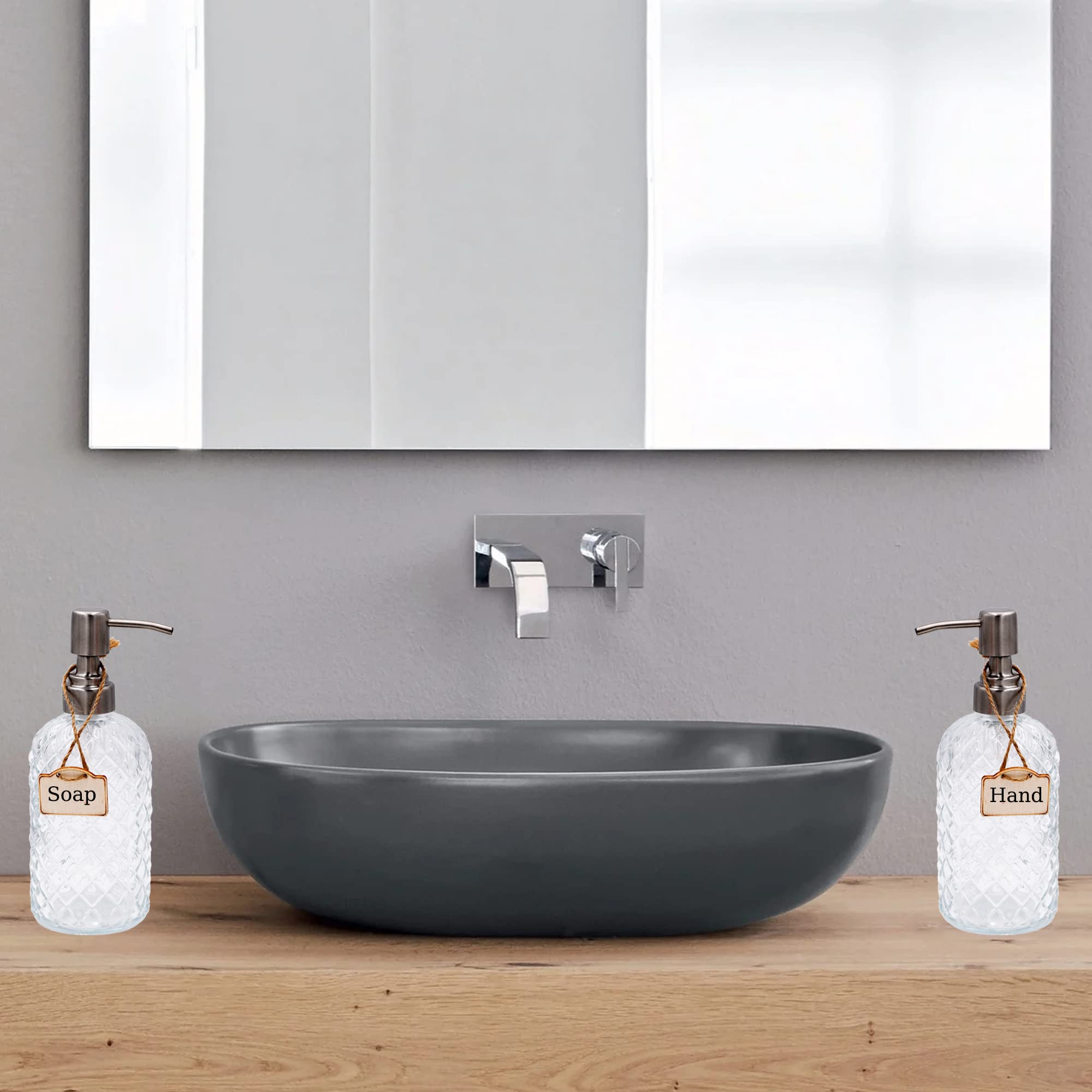 16 oz Diamond Pattern Glass Soap Dispenser, Kitchen and Bathroom Refillable Soap Dispenser with Rust Resistant Stainless Steel Pump for Hand Soap, Lotion Glass Liquid Dispenser(Amber)