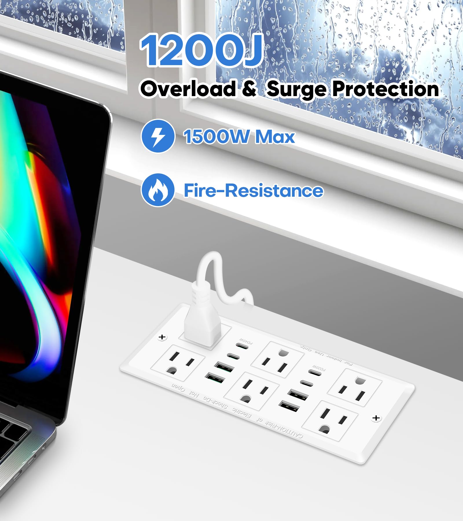 45W Recessed Power Strip, Flush Mounted Surge Protector(1200J) with 6 AC Outlets & 8 USB Ports(4 USB-C), 45°Flat Plug, 6FT Flat Power Cord(Black)