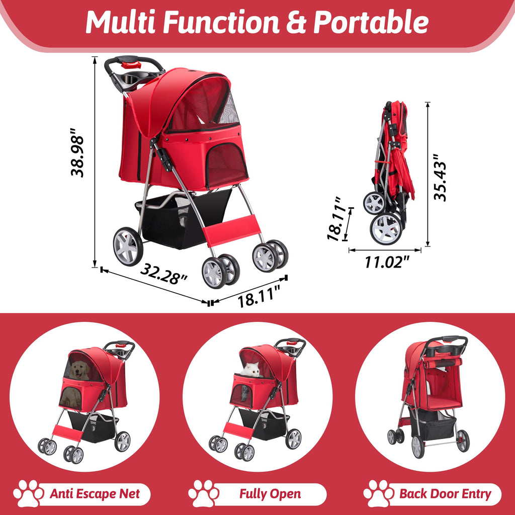 Pet Stroller, 4 Wheels Pet Strolling Cart for Medium/Small Dogs and Cats, Foldable Cat Jogger/Dog Stroller with Cup Holder, Storage Basket, Breathable Mesh, All-Season Pet Carrier, Black
