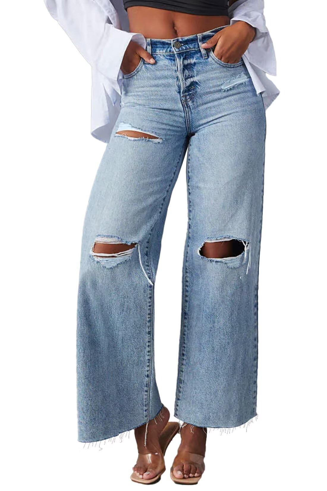 Allimy Women's High Waisted Straight Ankle Wide Leg Ripped Jeans Frayed Hem Stretchy Capri Denim Pants