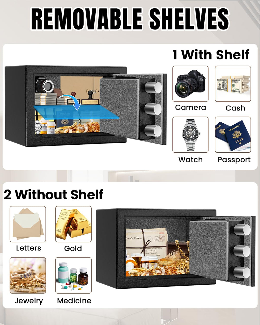 Home Safe Box, Safes with Fireproof Waterproof Bag, 9.84'' H Anti-Theft Digital Security Lock Box with Smart Alert System, Removable Shelf, Mute Function, Document Safes for Jewelry