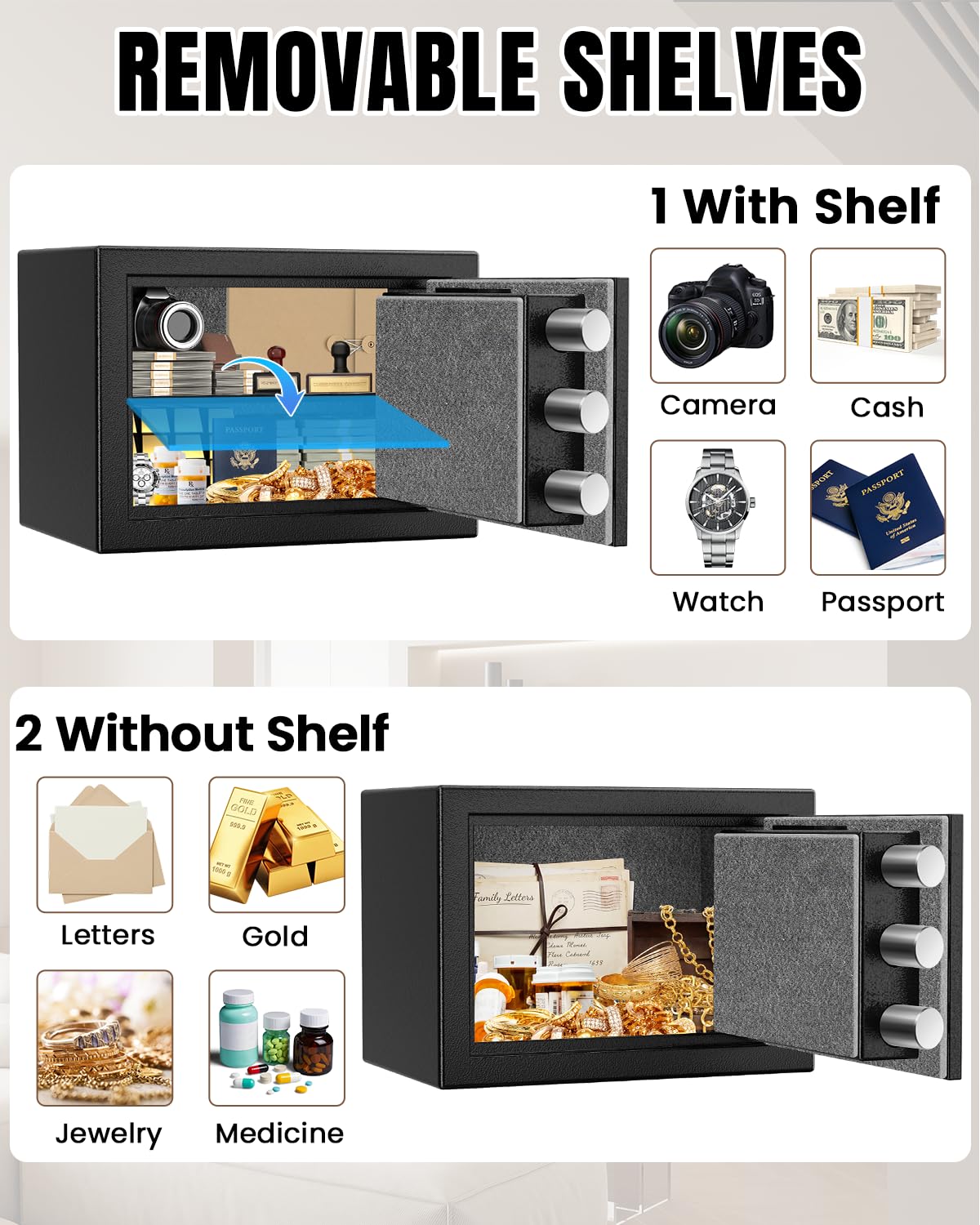 Home Safe Box, Safes with Fireproof Waterproof Bag, 9.84'' H Anti-Theft Digital Security Lock Box with Smart Alert System, Removable Shelf, Mute Function, Document Safes for Jewelry