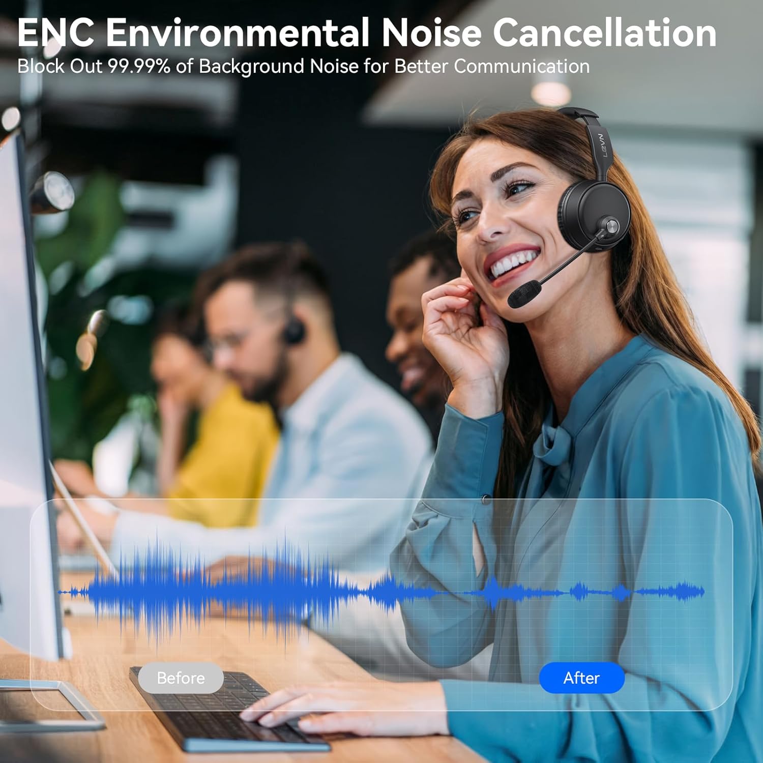 LEVN Bluetooth Headset, Bluetooth Headphones with Microphone (AI Cancelling), 60 Hrs Working Time Dual Connection Wireless Headset with Mic & Mute Button for Work/Phone/Call Center/PC