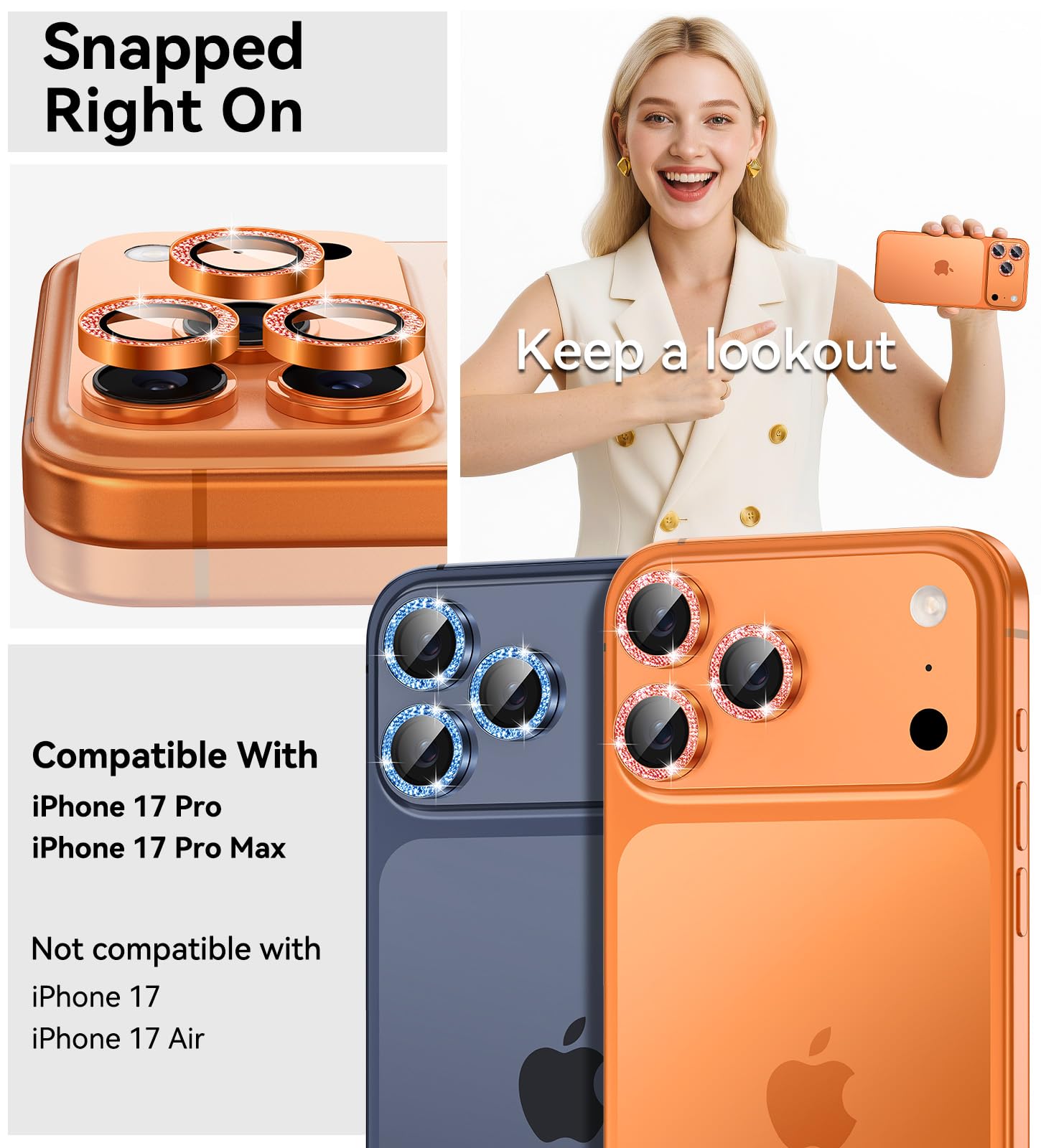 Matekxy Glitter Camera-Lens Protector for iPhone-16 Pro-Max - 16 Pro Anti-Scratch Tempered Glass with Aluminum Edging, Cute Girly Metal Individual Bling Ring Cover for Women, Black Titanium