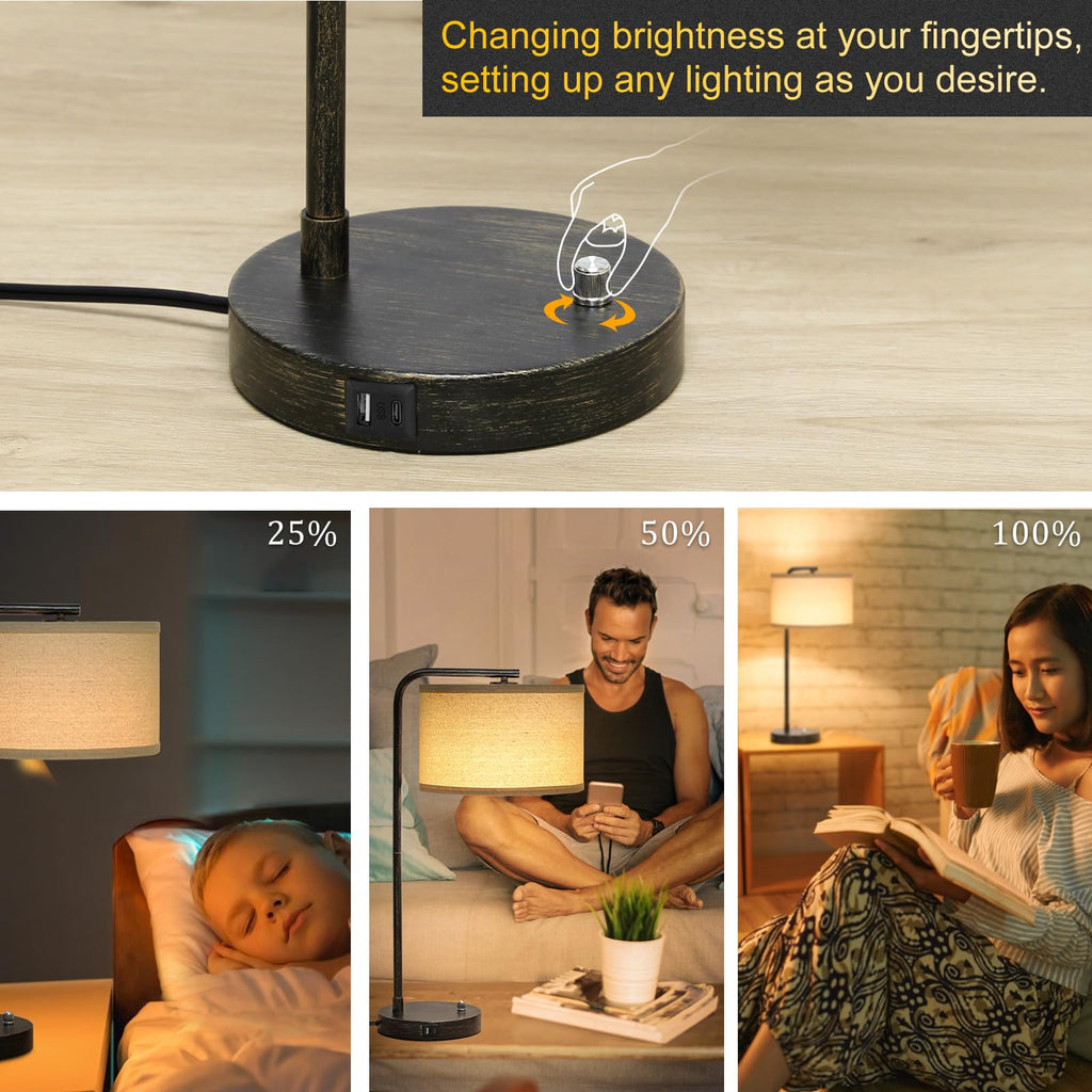 Table Lamps Set of 2, Fully Dimmable Bedside Lamp with USB C+A Charging Ports, Modern Nightstand Lamps with Linen Fabric Shades, Tall Desk Lamp for Bedroom, Living Room, Office, LED Bulb Included