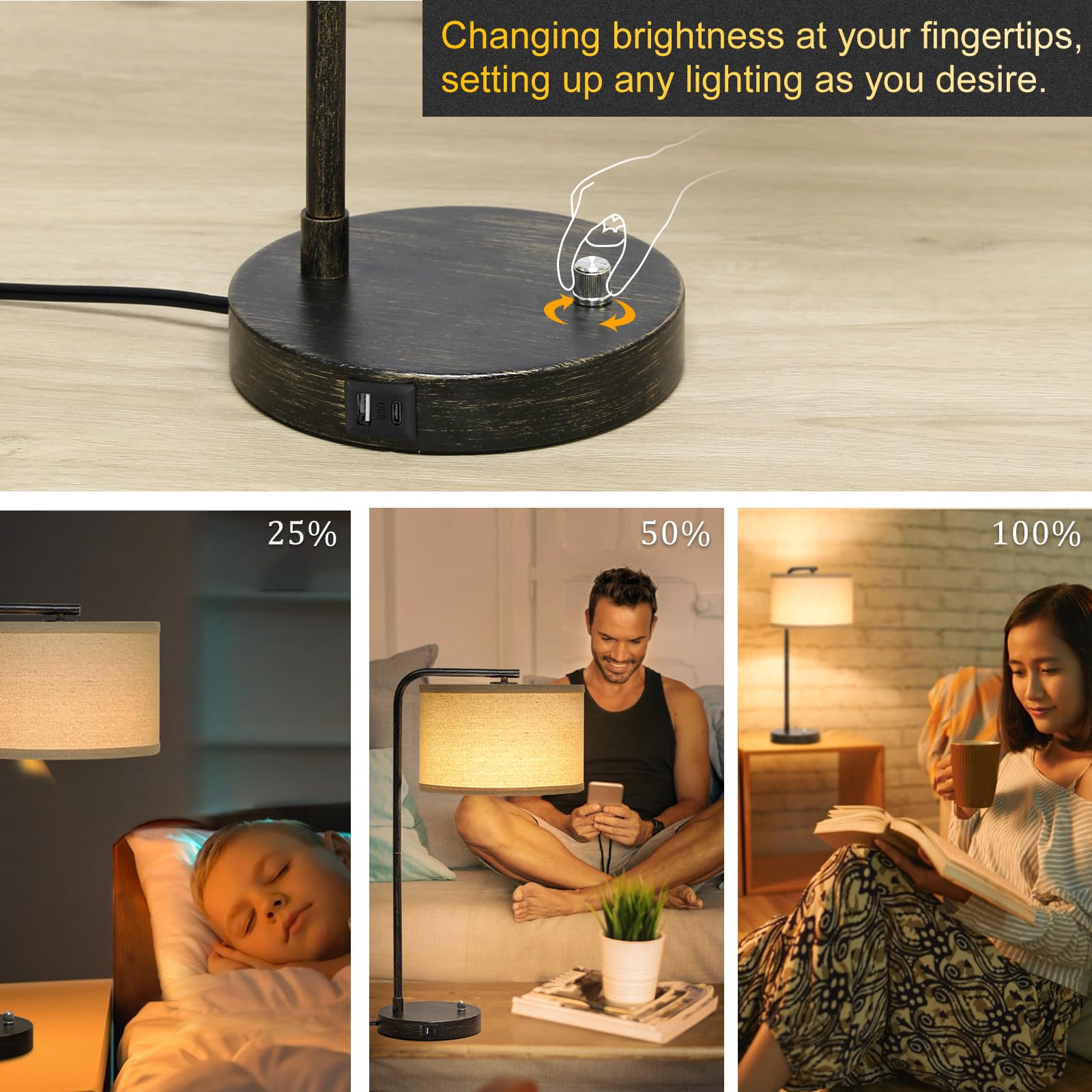Table Lamps Set of 2, Fully Dimmable Bedside Lamp with USB C+A Charging Ports, Modern Nightstand Lamps with Linen Fabric Shades, Tall Desk Lamp for Bedroom, Living Room, Office, LED Bulb Included