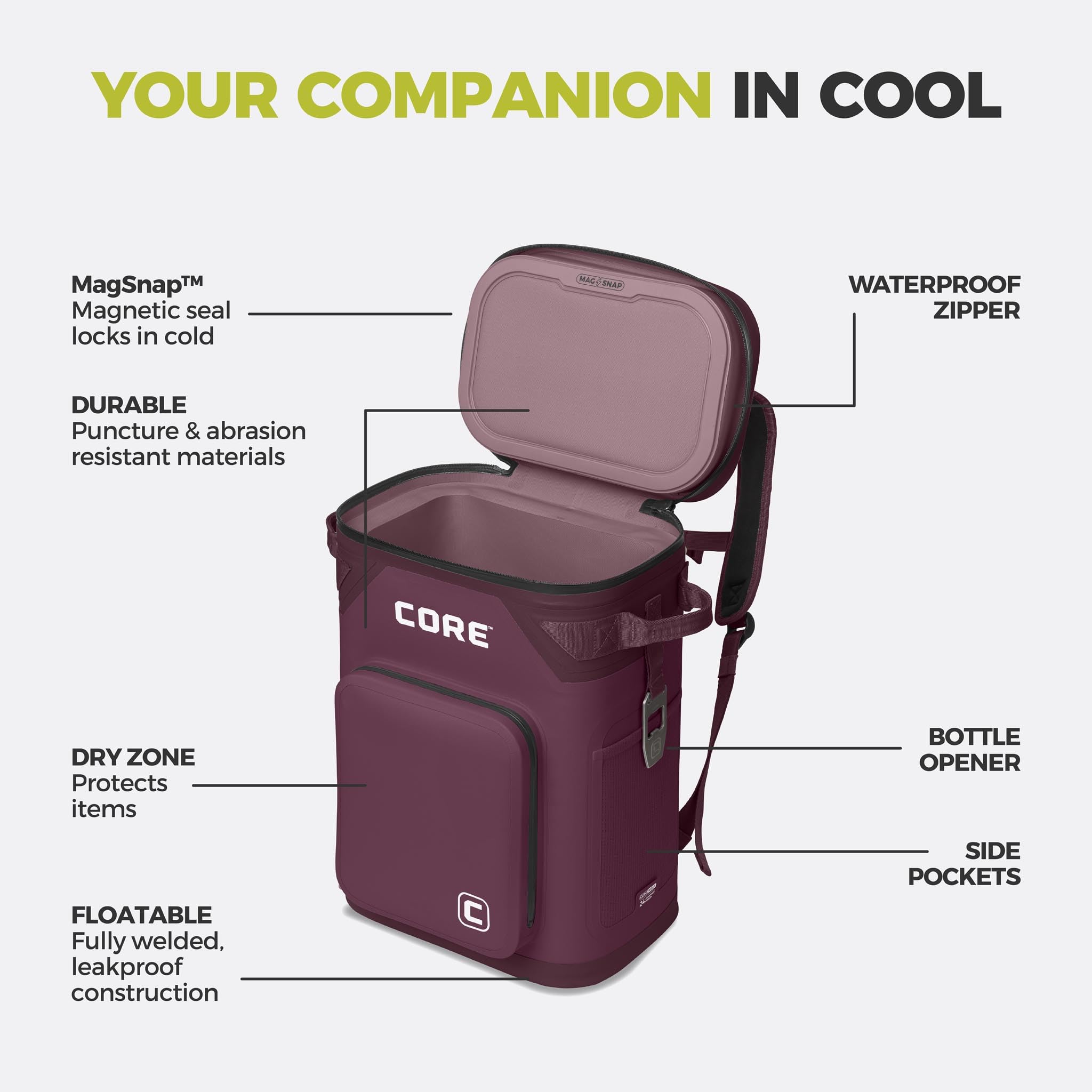 CORE Magnetic Leak Proof Soft Cooler with Waterproof Zipper | Insulated Bag Portable Ice Chest Box | Best Soft Cooler for Food & Beverages for Tailgating, Car Camping, Travel, and Family Beach Picnics