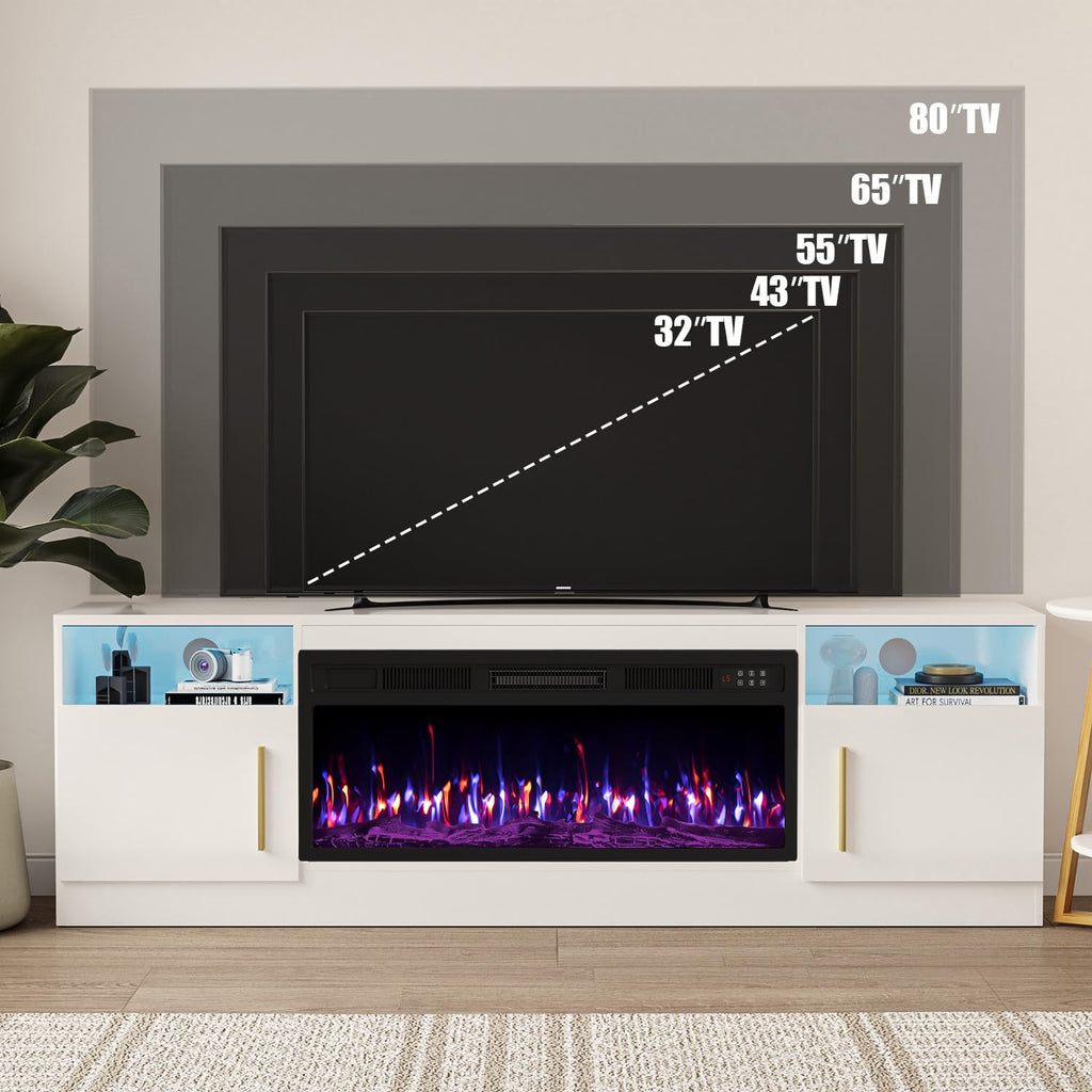 VITESSE 58 Inches Fireplace TV Stand for TVs up to 65 Inches Console with 18'' Electric Fireplace & Remote,Wooden Modern Entertainment Center for Living Room with LED Light Glass Shelves（Bei）