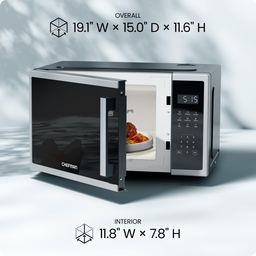Chefman Compact Countertop Microwave Oven 0.7 Cu. Ft., 700W with 10 Power Levels, 3 Cooking Presets with One-Touch Express Cook, 2 Defrost Settings, Child Safety Lock, & Mute Button – Stainless Steel