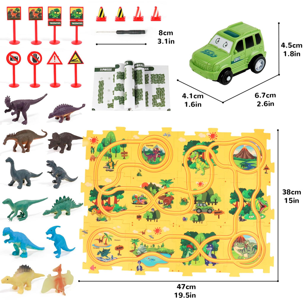 Puzzle Track Car Play Set with 12 Dinosaur Figures, Plastic Railcar Floor Puzzles for Kids Ages 3-5 with Vehicles, Toys Gifts for 3 4 5 6 Year Old Boys