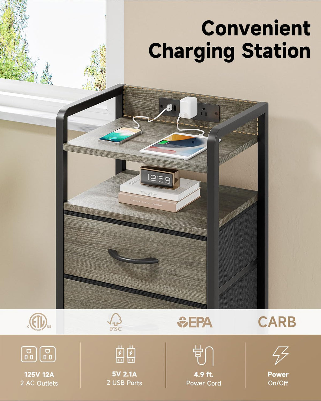 Lazzanto Night Stand Bedside Charger Bedroom - Nightstand with Charging Station & LED Light Strip, Night Stand with Storage Shelf & 2 Fabric Drawers, Morden End Table with U-S-B Ports & AC Outlets