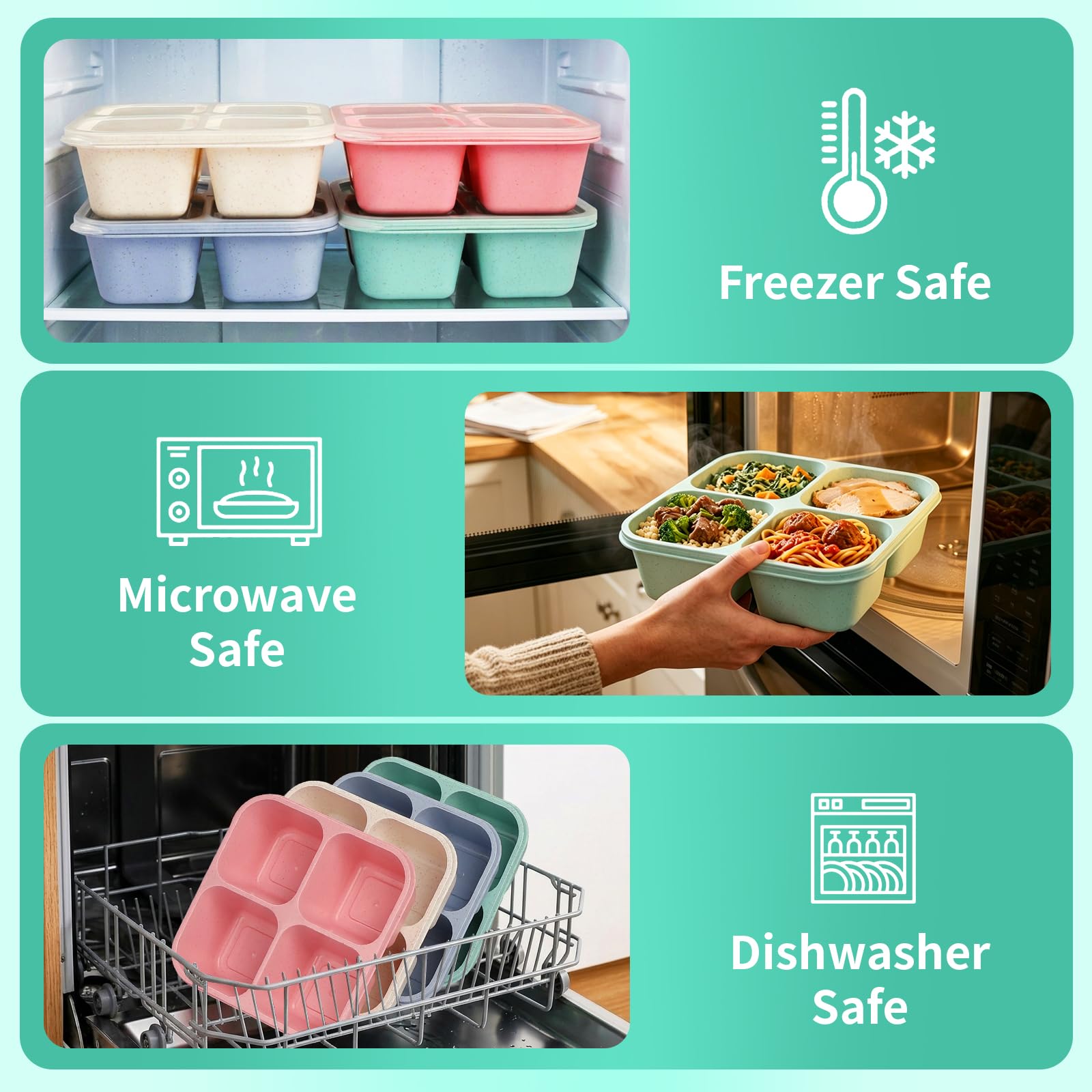 buluker 4 Pack Bento Snack Containers Set， 4 Compartment Food Storage Containers ，Wheat Straw Meal Prep Lunch Box ，Plastic Food Storage container, Microwave and Dishwasher Safe (4colour)