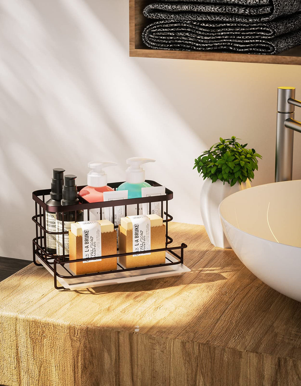 HapiRm Kitchen Sink Organizer, SUS304 Stainless Steel Rustproof Multifunctional Large Sink Caddy with Sponge Holder and Drain Tray for Kitchen Countertop (Silver)
