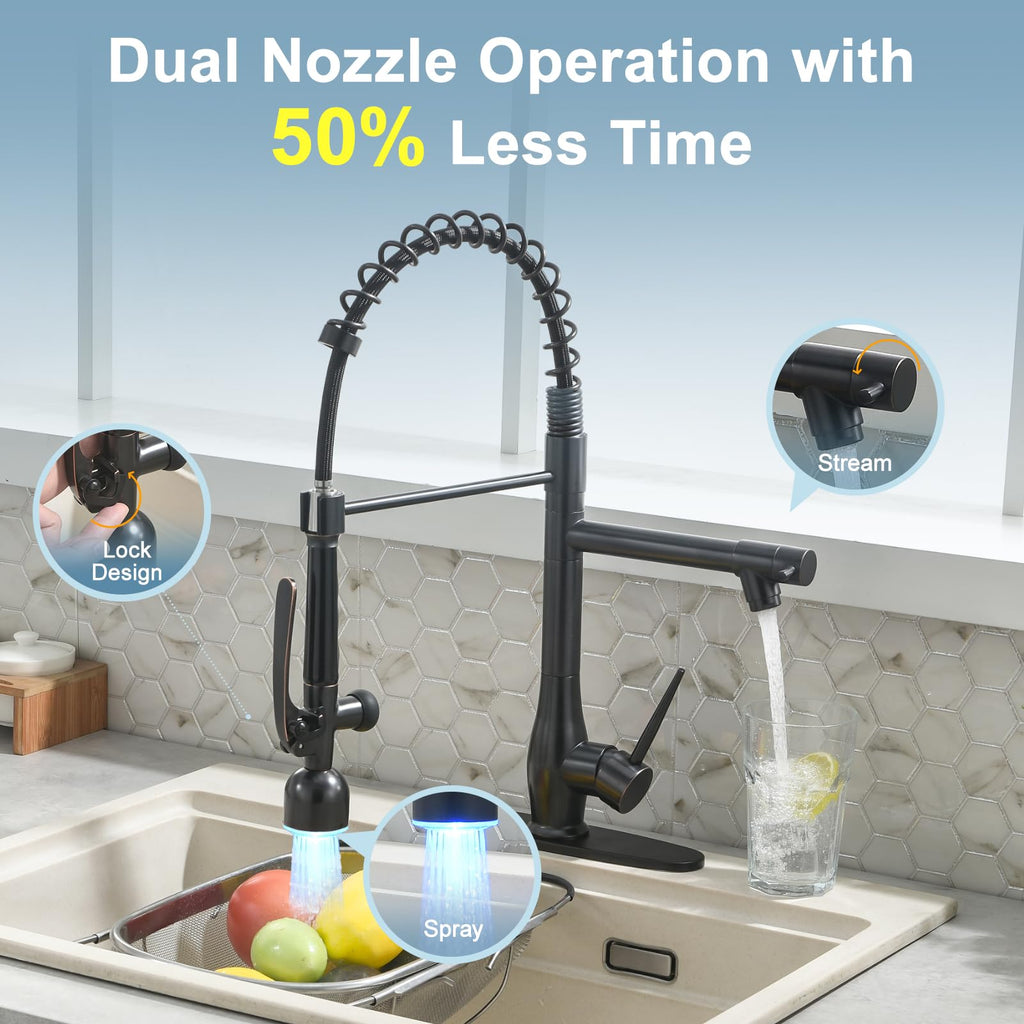 GIMILI Black and Gold Kitchen Faucet with Pull Down Sprayer Single Handle High Pressure Kitchen Sink Faucet Commercial Double-Headed Stainless Steel Kitchen Faucets