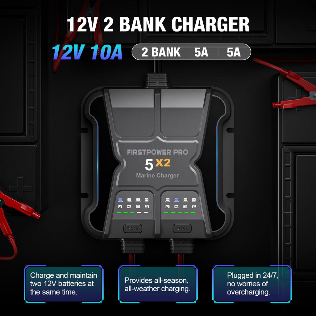 Marine Battery Charger 5X1: 1-Bank, 5A Onboard Battery Charger - 5A Per Bank, 12V Waterproof Boat Batter Charger for SLA/AGM, Lithium, Calcium - Charged 24/7
