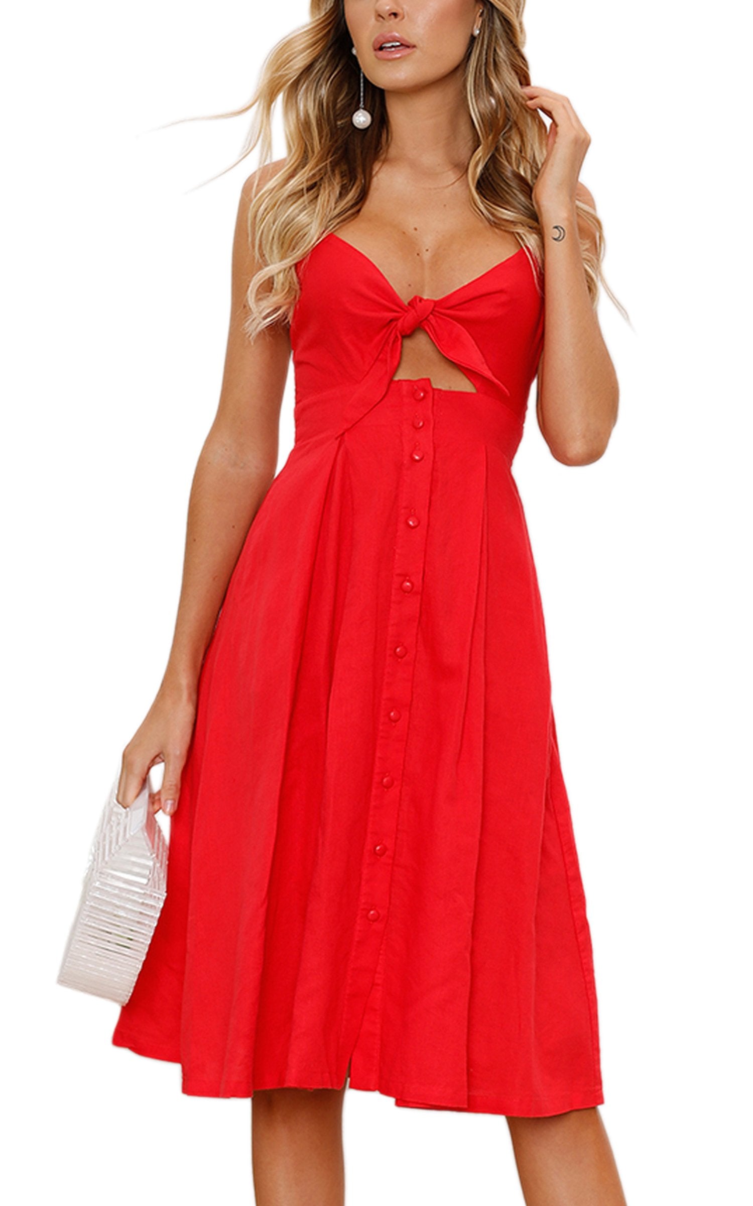 ECOWISH Women 2026 Summer Dresses Tie Front V-Neck Spaghetti Strap Button Down A-Line Backless Swing Midi Dress