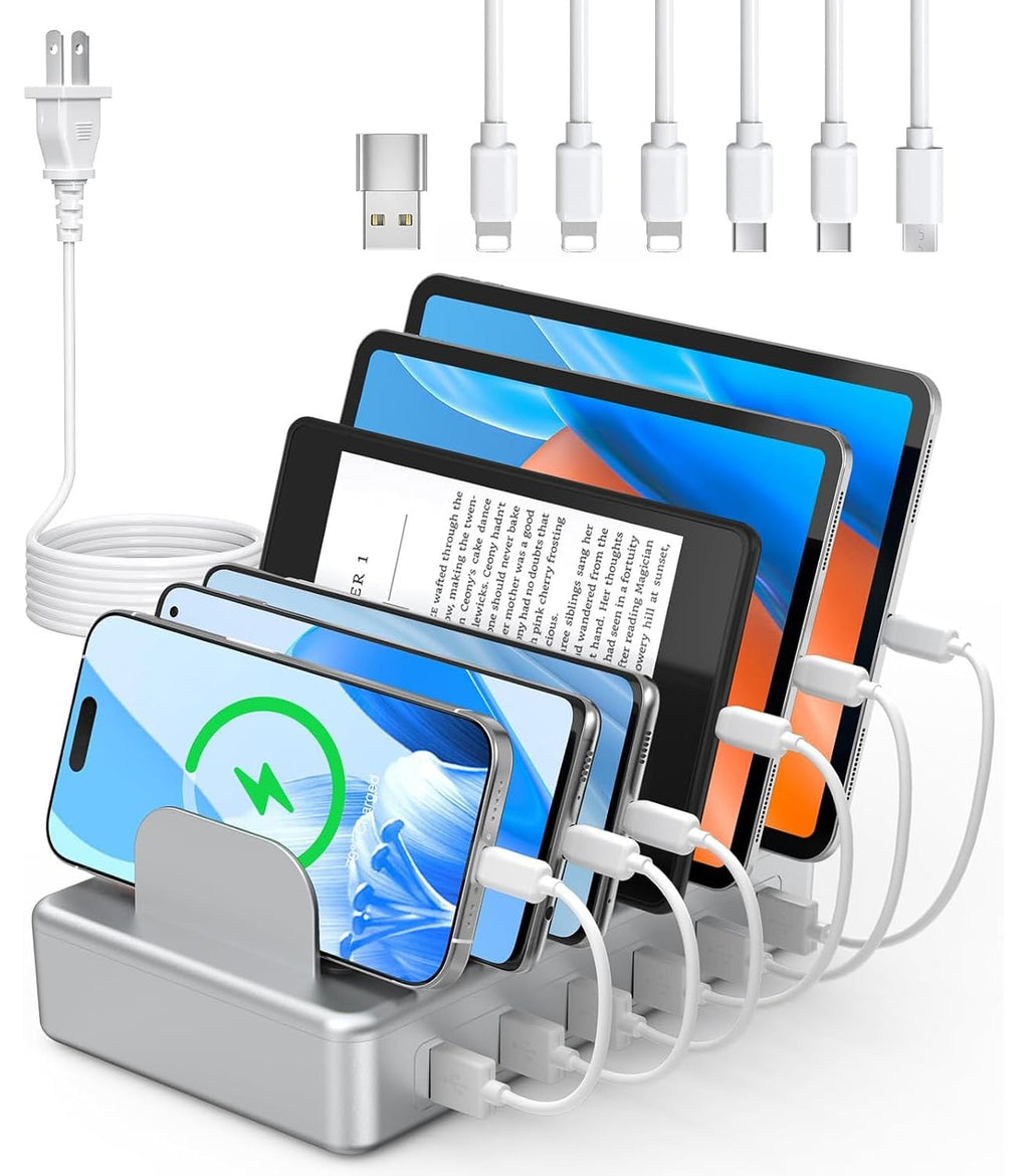 CREATIVE DESIGN 50W 6 Ports Multi Charger Station with 6 Charging Cables, USB Charging Dock for Multiple Devices, Compatible with Cellphone iPad Kindle Tablet and Other Electronic Devices