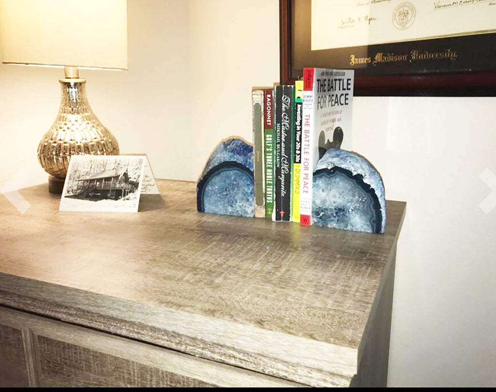 JIC Gem Black Agate Geode Bookends 2-3 Lbs Anti-Slip Rubber Pads Heavy Duty | 1Pair Natural Black Agate Crystal Decor for Shelves & Desk, Unique Small Stone Book Holder Gift for Office & Home Decoration