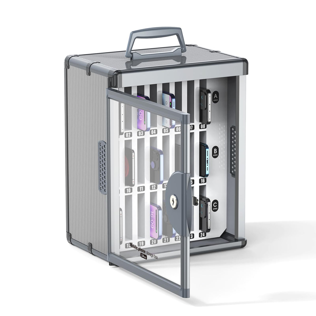 Glosen Cell Phone Locker 24 Slots, Portable Phone Storage Cabinet [Wall Mounted] [Silver 24 Slots-Universal Key ] Aluminum Alloy Cellphone Lock Box with Key & Handle for School Classroom Office Exam