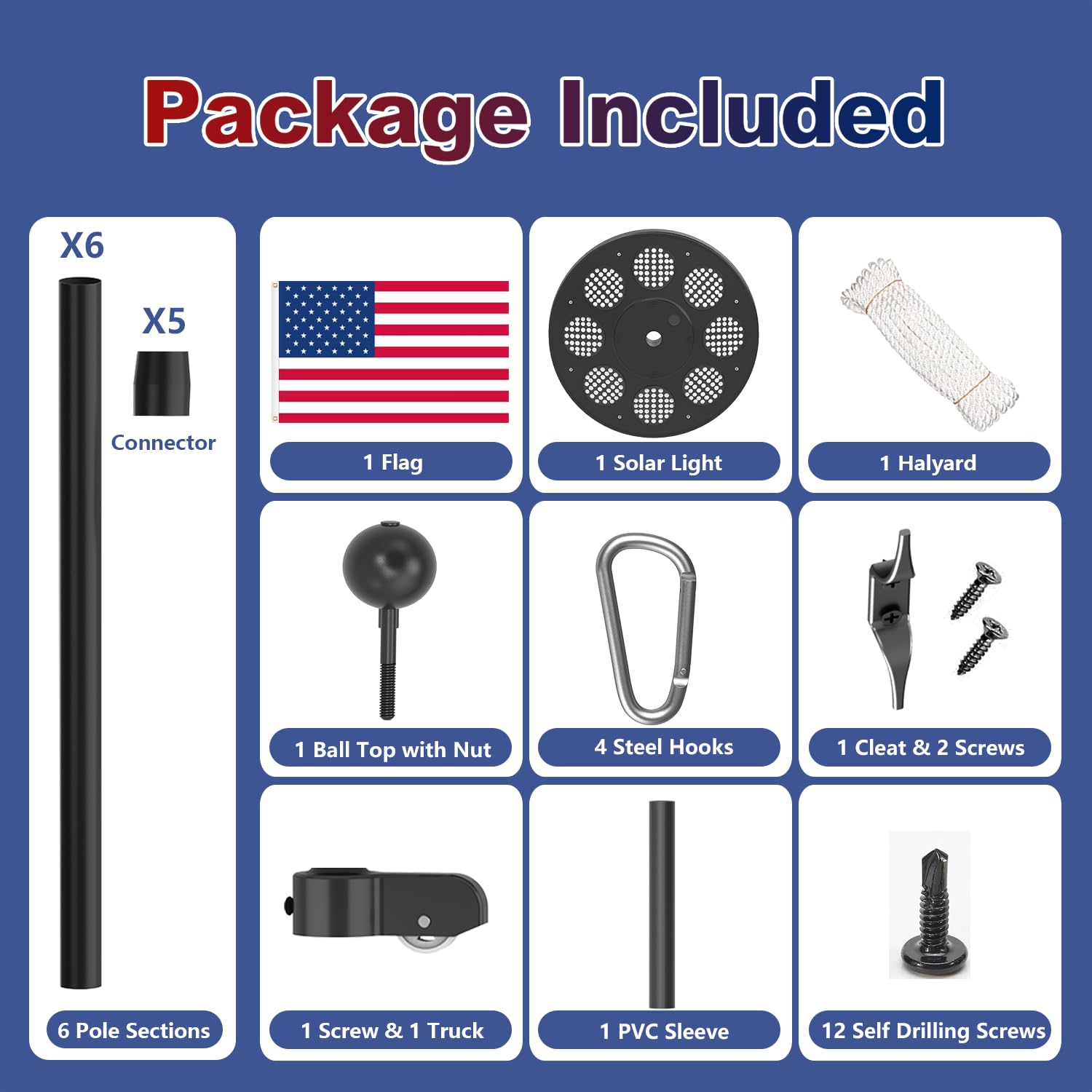 Upgraded 10 Gauge 20FT Heavy Duty Flag Pole Kit with 136 LED Solar Light, Extra Thick Flagpole for Outside House in Ground, Bottom 3 mm Thick & Width 3.35 in, 120MPH Wind Rated