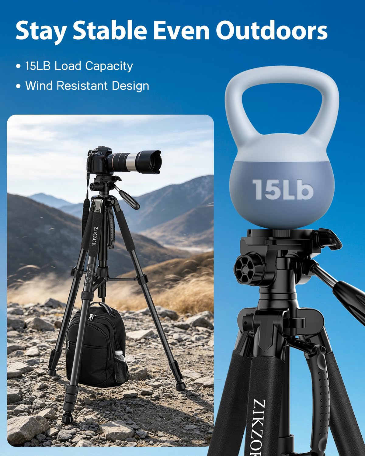 75" Camera Tripod, Aluminum Heavy Duty Camera Stand for ipad Phone, Travel Tripod with/Carry Bag/Phone Tablet Holder, Compatible with Canon Nikon Sony DSLR, Spotting Scopes, Max Load 15 Lb(Black)
