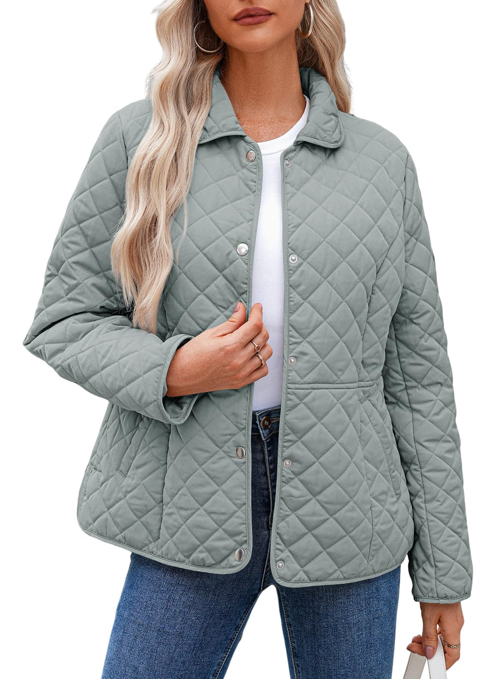 Dokotoo Women's Winter Quilted Jackets Long Sleeve Button Down Diamond Puffer Jacket Outerwear Coats with Pockets