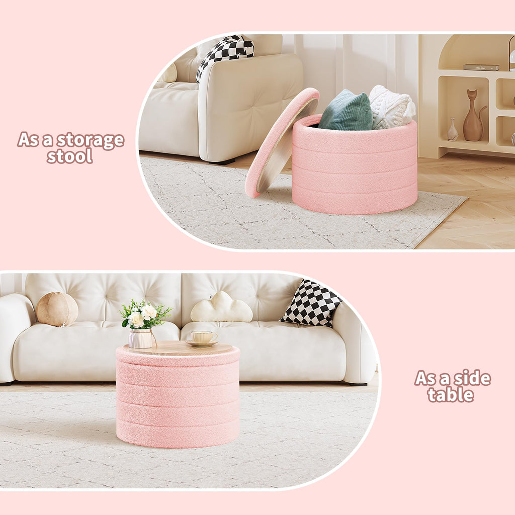 PINPLUS Round Storage Ottoman Foot Rest Stool with Tray Velvet Sherpa Folding Storage Ottoman,Boucle Foot Rest for Living Room, Bedroom, Dorm（Beige）
