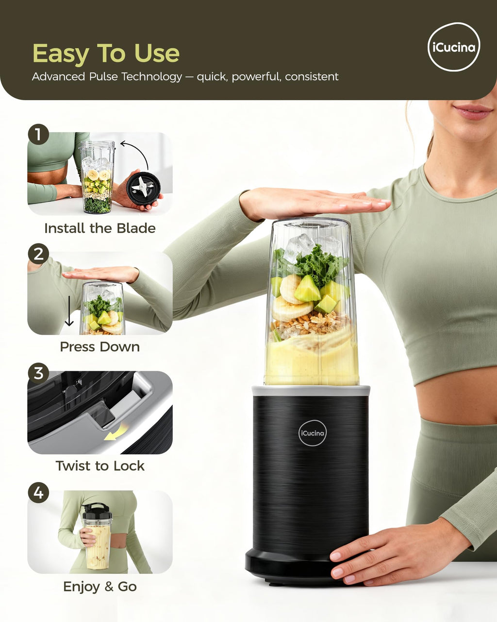 iCucina Smoothie Blender, Personal Blender for Shakes and Smoothies, 700W Pulse Technology Single Serve Blenders with 2 x 28oz Protable Cups for Ice Crush, Frozen Fruit Drinks