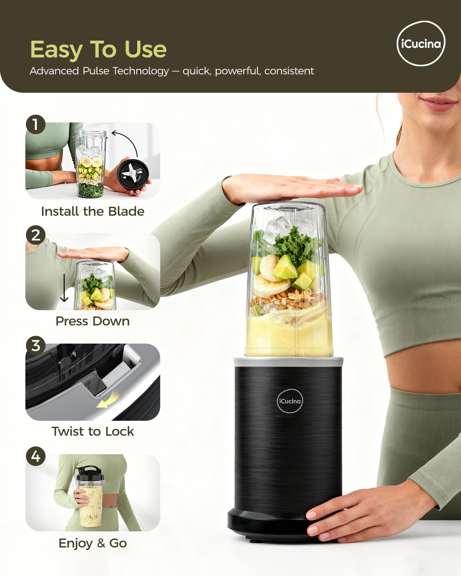 iCucina Smoothie Blender, Personal Blender for Shakes and Smoothies, 700W Pulse Technology Single Serve Blenders with 2 x 28oz Protable Cups for Ice Crush, Frozen Fruit Drinks