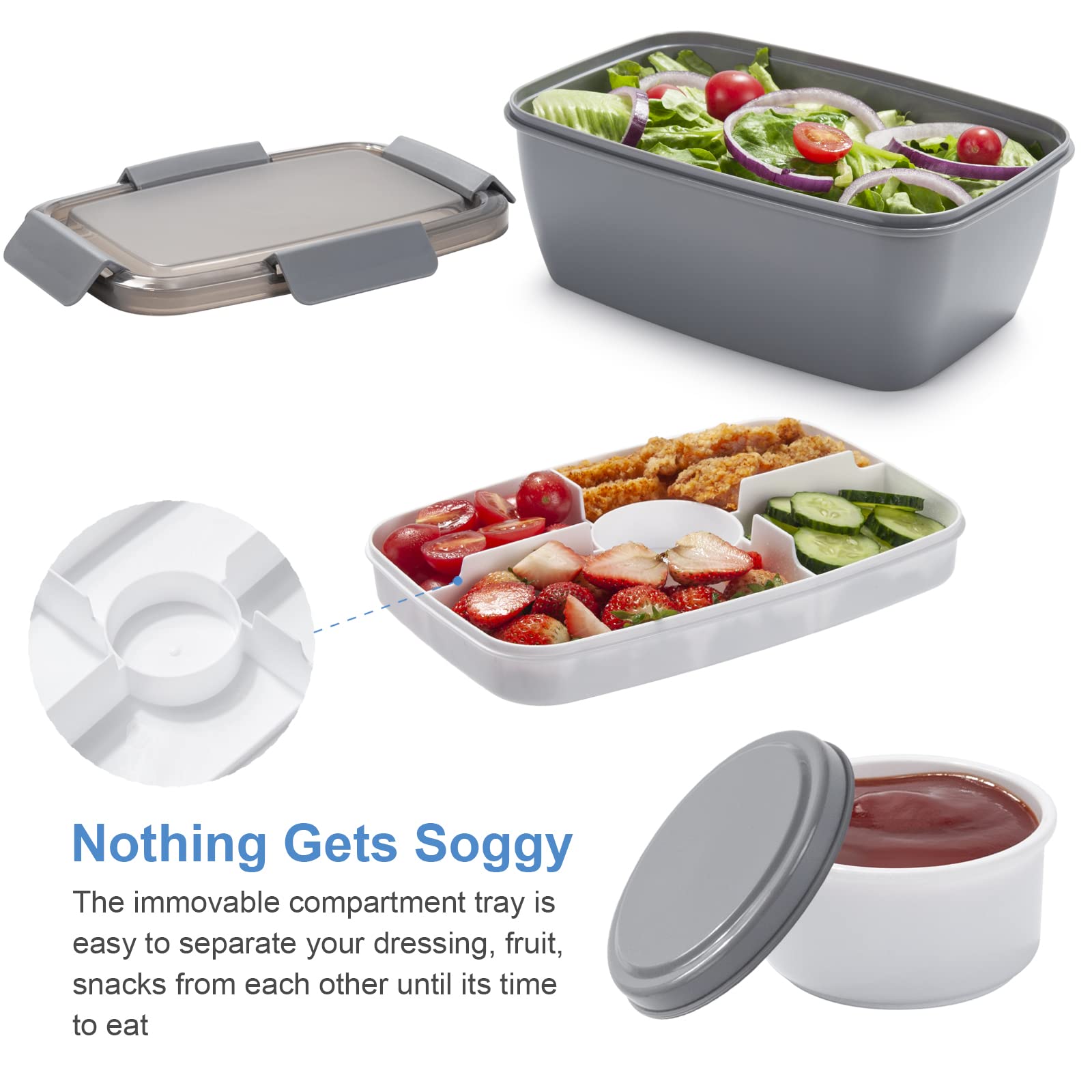 Freshmage Salad Lunch Container To Go, 52-oz Salad Bowls with 3 Compartments, Salad Dressings Container for Salad Toppings, Snacks, Men, Women (Blue)