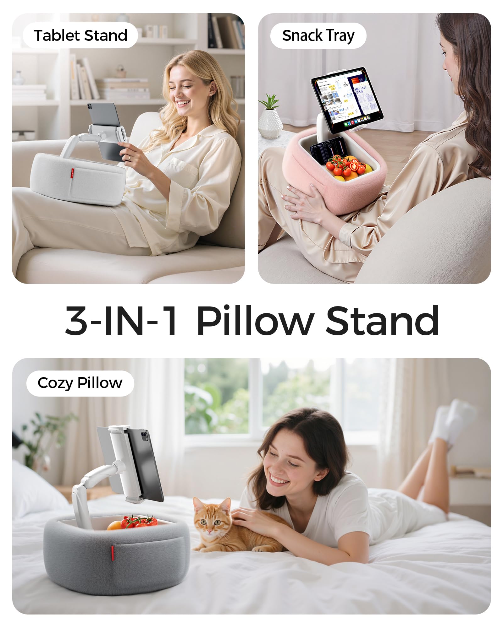 LULULOOK Tablet Pillow Stand, Compatible with iPad, iPhone and 4.7-14.6”Tablet, 360° Adjustable Kindle Pillow Stand for Bed with Ultra Fluffy Fabric & Snack Bowl (Cloudy White)
