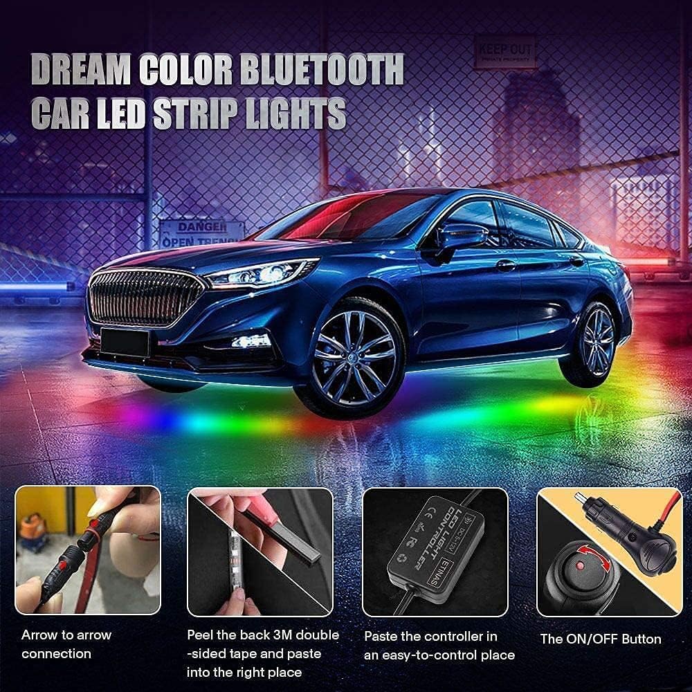Car Underglow Lights, Bluetooth Dream Color Chasing StripLights Kit, 6 PCS Waterproof Exterior Car Lights with APP Control, 12V 300 LEDs Underbody Lights for All Cars